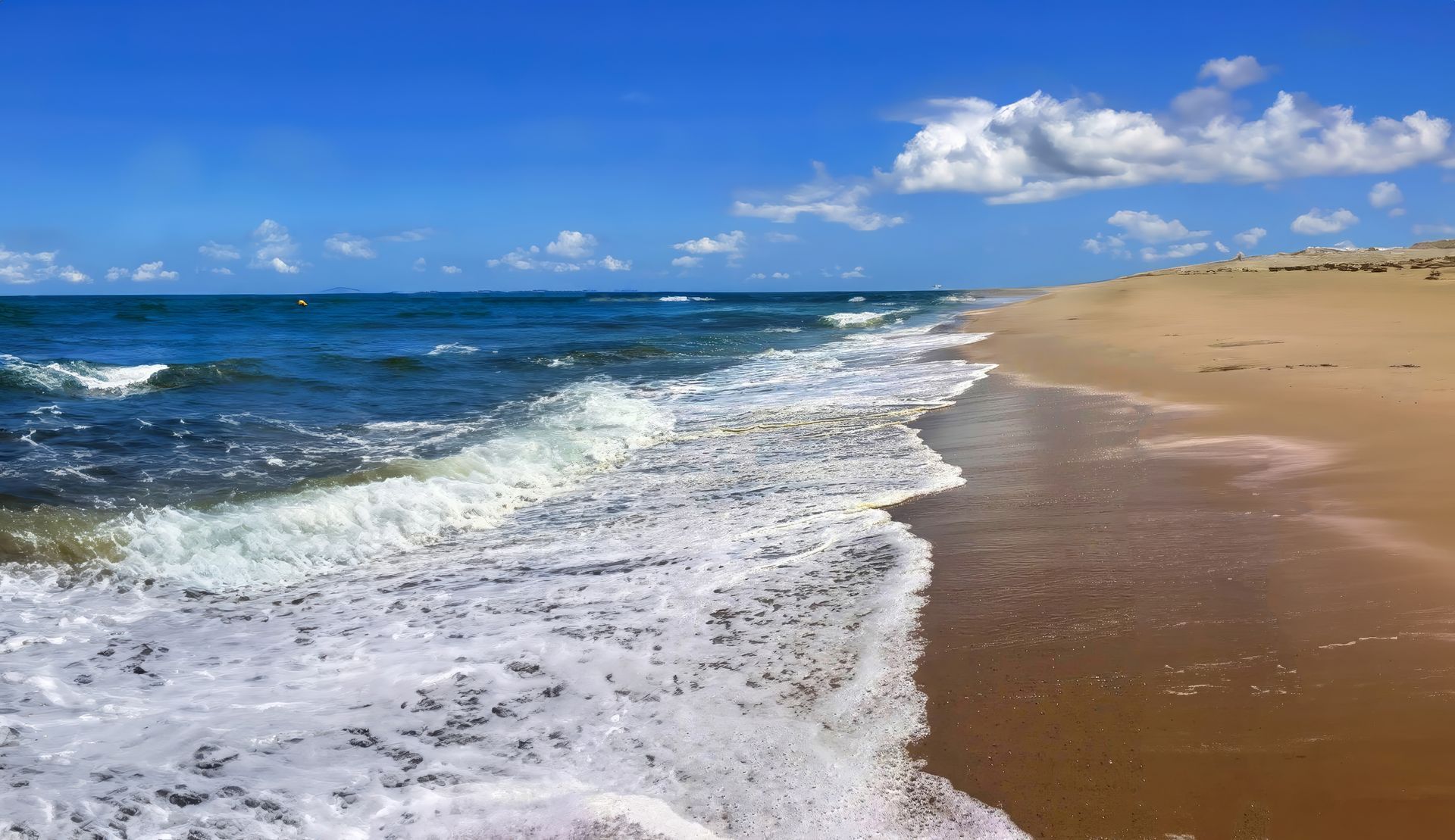 Waves crashing on a sandy beach on a sunny day