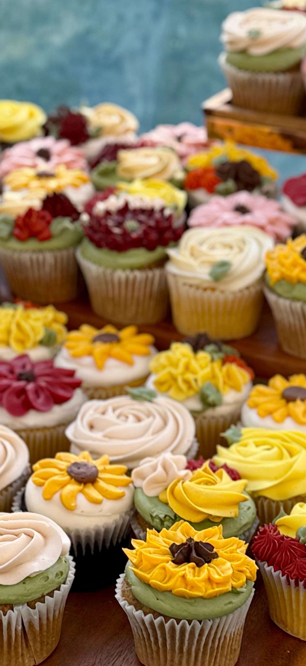 Cupcakes decorated with colorful frosting in sunflower and floral designs.