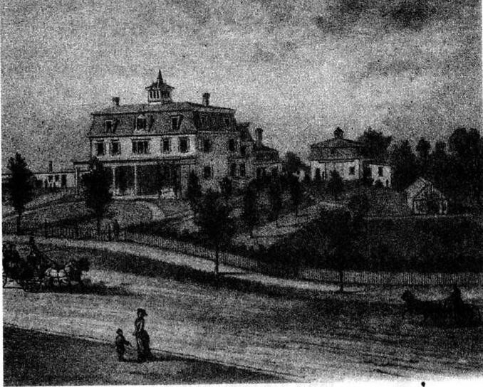 A black and white drawing of a large house