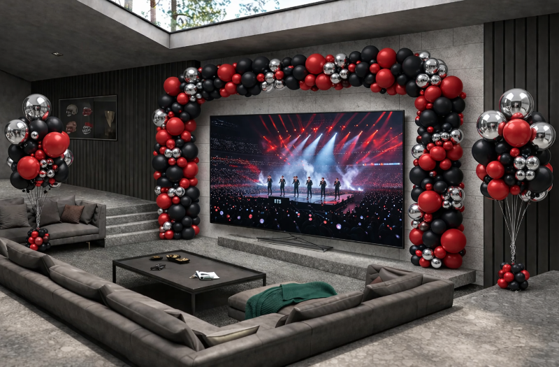 BTS Arirang K-Pop birthday balloon decorations Los Angeles — red balloon garland — Balloon Concierge