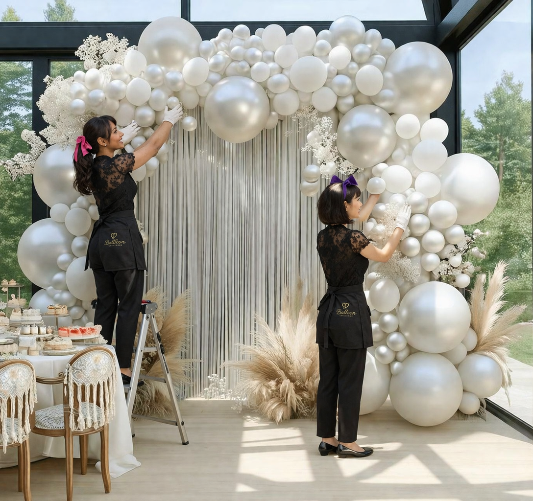 Balloon Concierge team installing balloon backdrop wall at Los Angeles venue