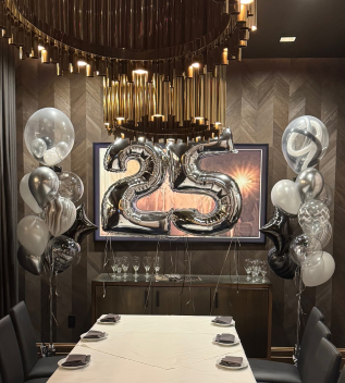 Balloon Bouquet with number inside restaurant for birthday dinner party Balloon Concierge Beverly Hills order