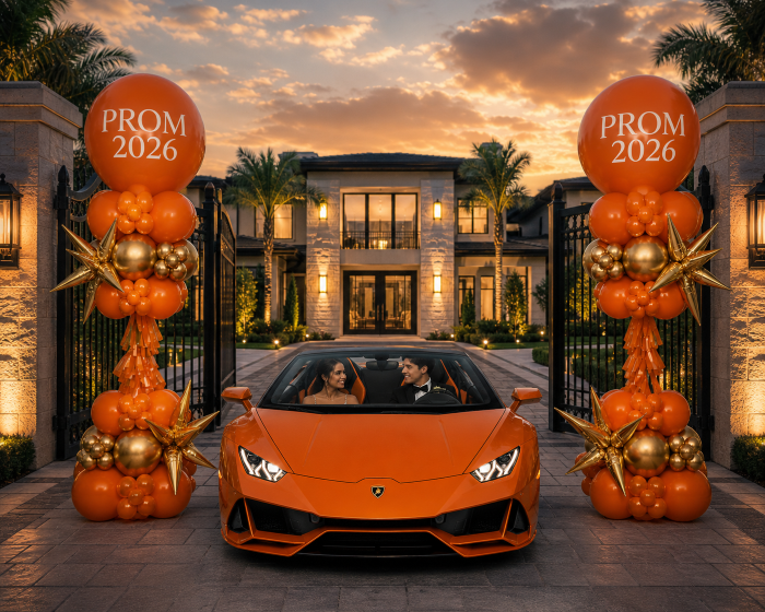 Balloon columns flanking driveway for prom send-off at Los Angeles home — matching balloon column decorations — Balloon Concierge