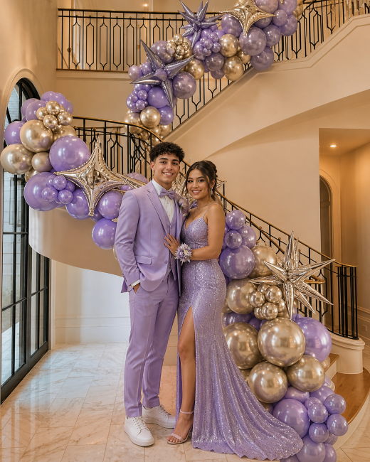 Balloon garland draped on home staircase for prom send-off in Los Angeles — luxury balloon decoration on stair railing — Balloon Concierge