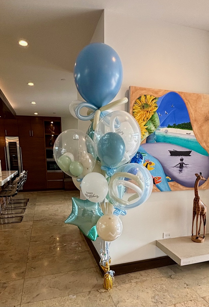 blue tan clear creative balloon bouquet Manhattan beach, CA balloon concierge