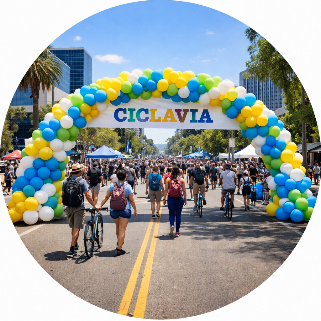 Block party and festival balloon decor Los Angeles — large balloon columns and arch outdoors