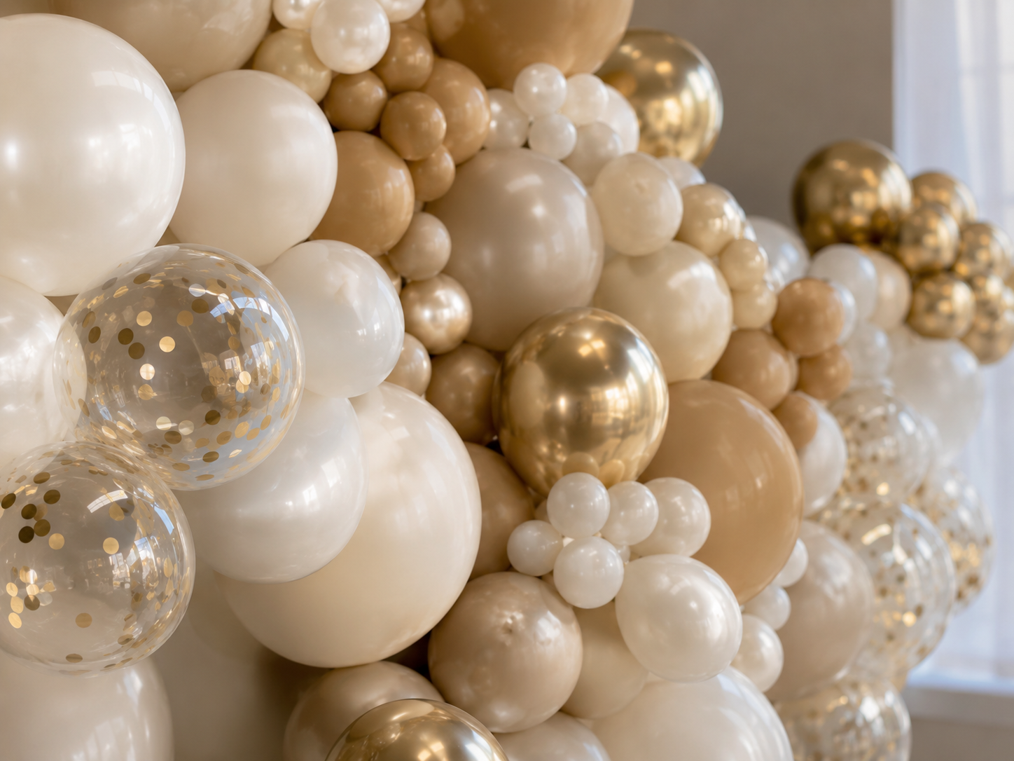 Close-up of an organic balloon cluster with mixed balloon sizes in neutral tones