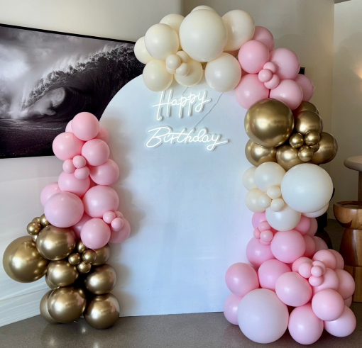 pink gold and cream Organic Garland on backdrop photo wall with Happy Birthday LED sign Manhattan beach, CA Balloon Concierge