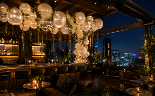 Custom organic balloon garland at exclusive West Hollywood private event
