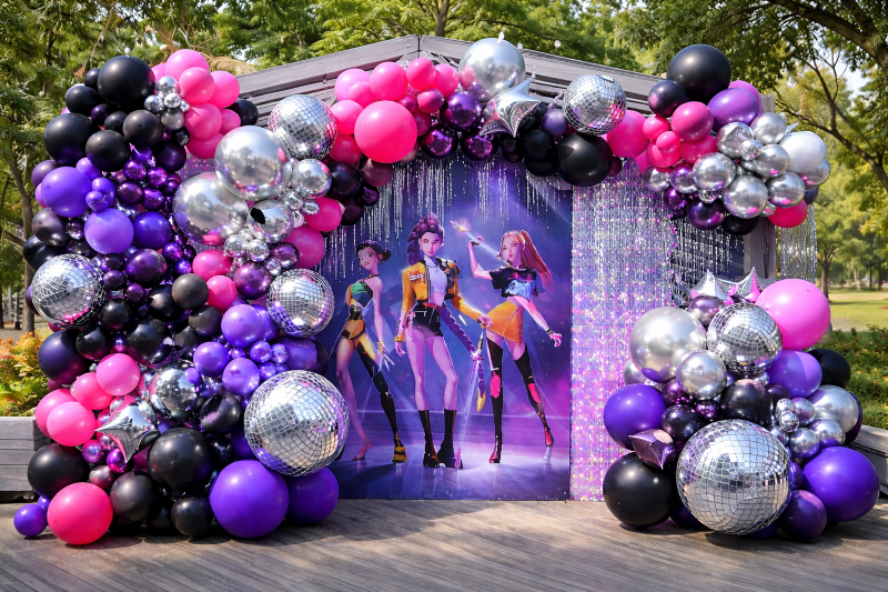K-Pop Demon Hunters birthday balloon outdoor backdrop photo wall Los Angeles — black pink purple iridescent setup — Balloon Concierge
