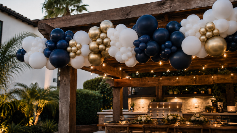Labor Day balloon garland backyard BBQ party Los Angeles — navy, white and gold styling