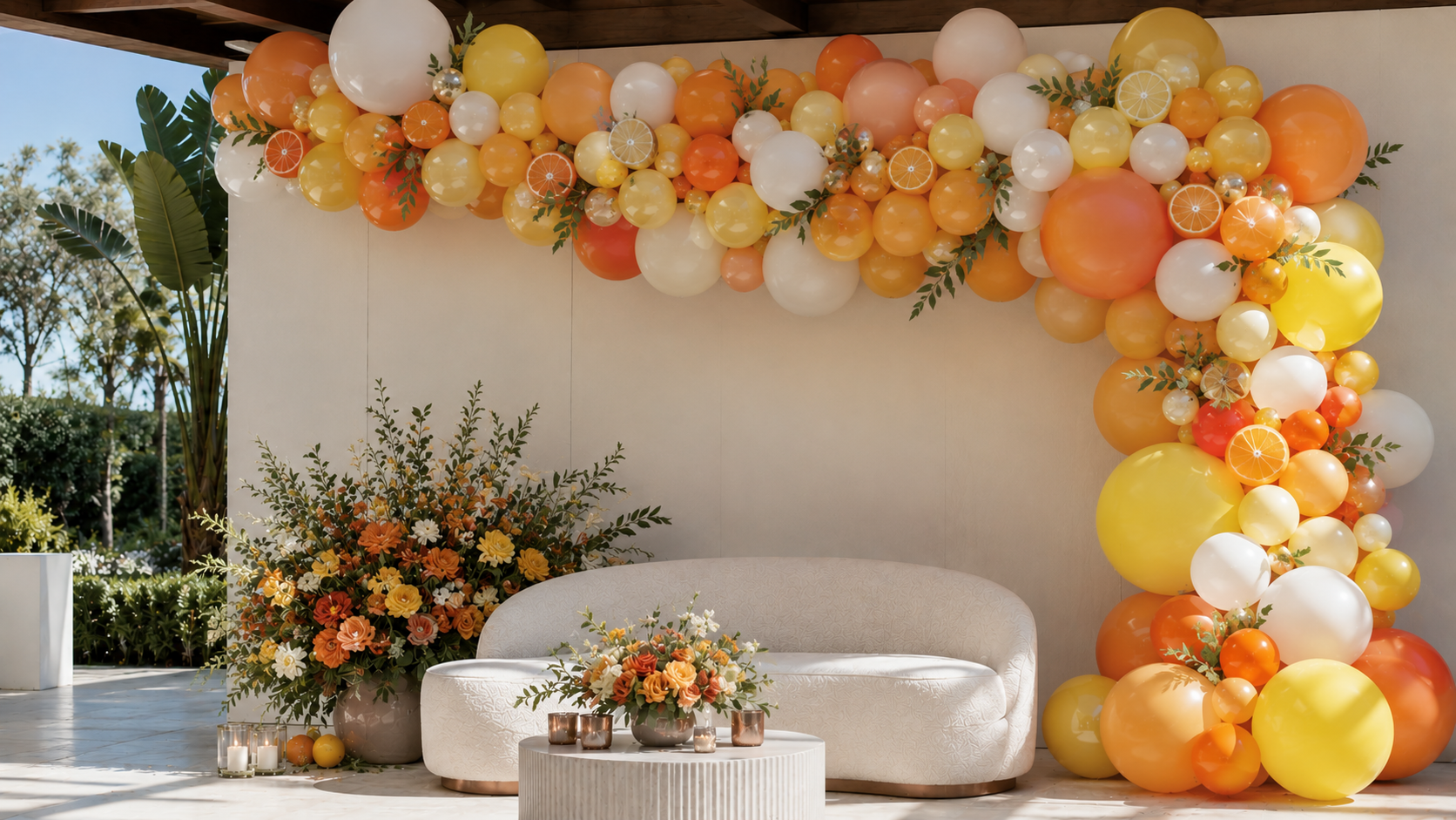 Lush organic balloon garland in yellow and orange citrus theme at a Los Angeles event by Balloon Concierge