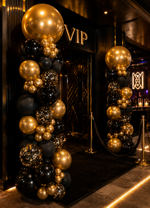  Gold and black balloon column arrangement at upscale Los Angeles nightclub event