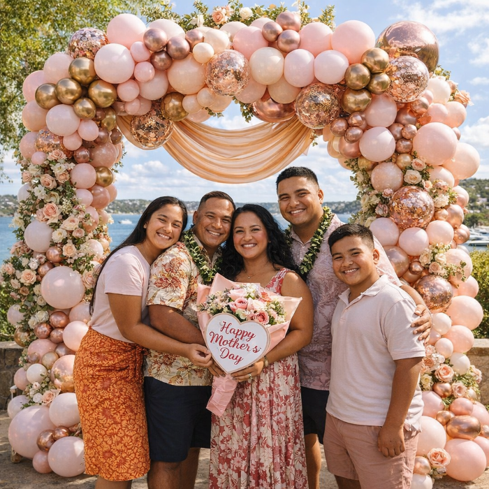 Mother's Day balloon garland Los Angeles — blush rose gold organic arch for home celebration by Balloon Concierge