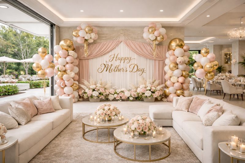 Mother's Day balloon room setup Los Angeles — luxury backdrop wall and balloon columns by Balloon Concierge