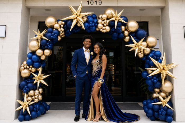 Prom send-off balloon backdrop decoration at Los Angeles home — couple in formal wear posing in front of luxury balloon wall — Balloon Concierge