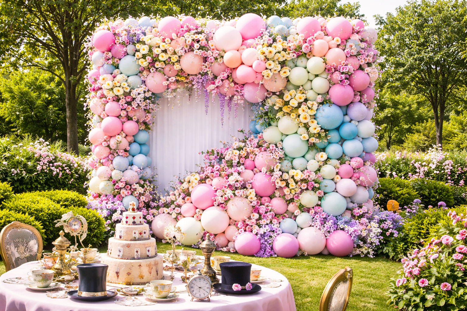 Organic balloon backdrop wall Los Angeles Spring birthday installation