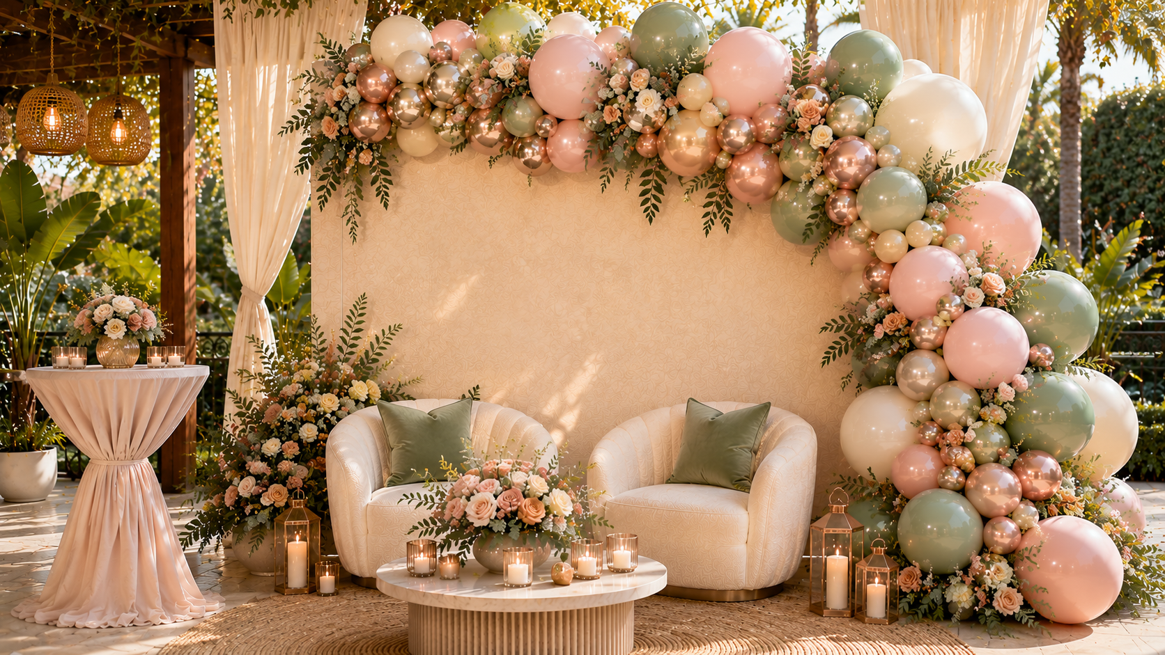 Organic balloon garland and backdrop styled for a luxury Los Angeles celebration by Balloon Concierge
