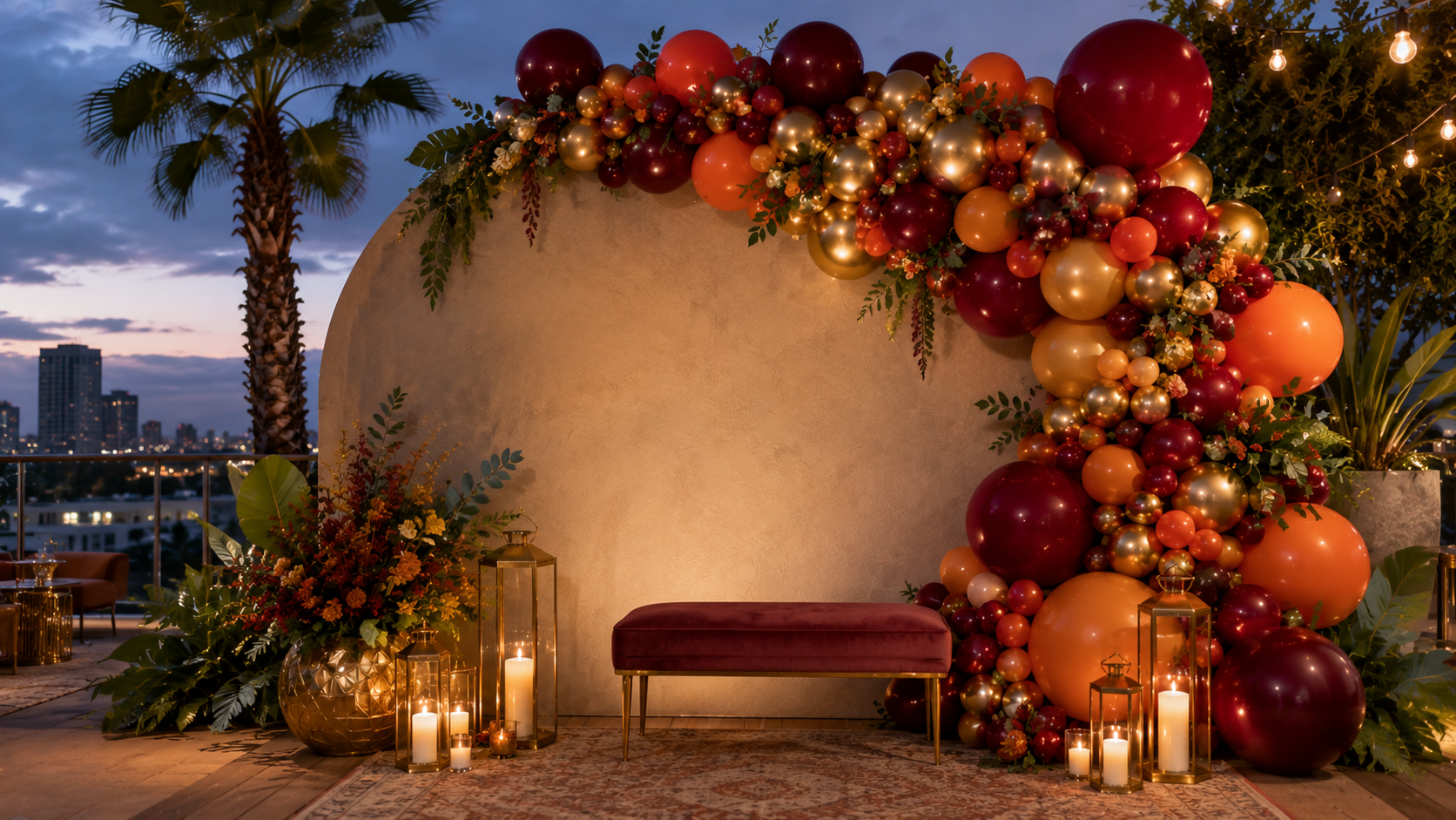 Organic balloon half-arch and backdrop wall at a Los Angeles event venue by Balloon Concierge