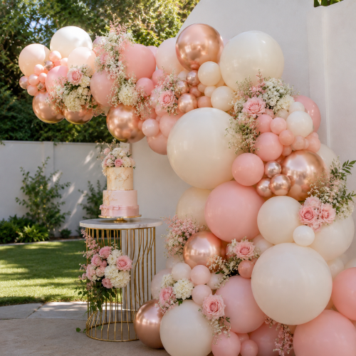 Pastel pink and white organic balloon garland for baby shower in Los Angeles home