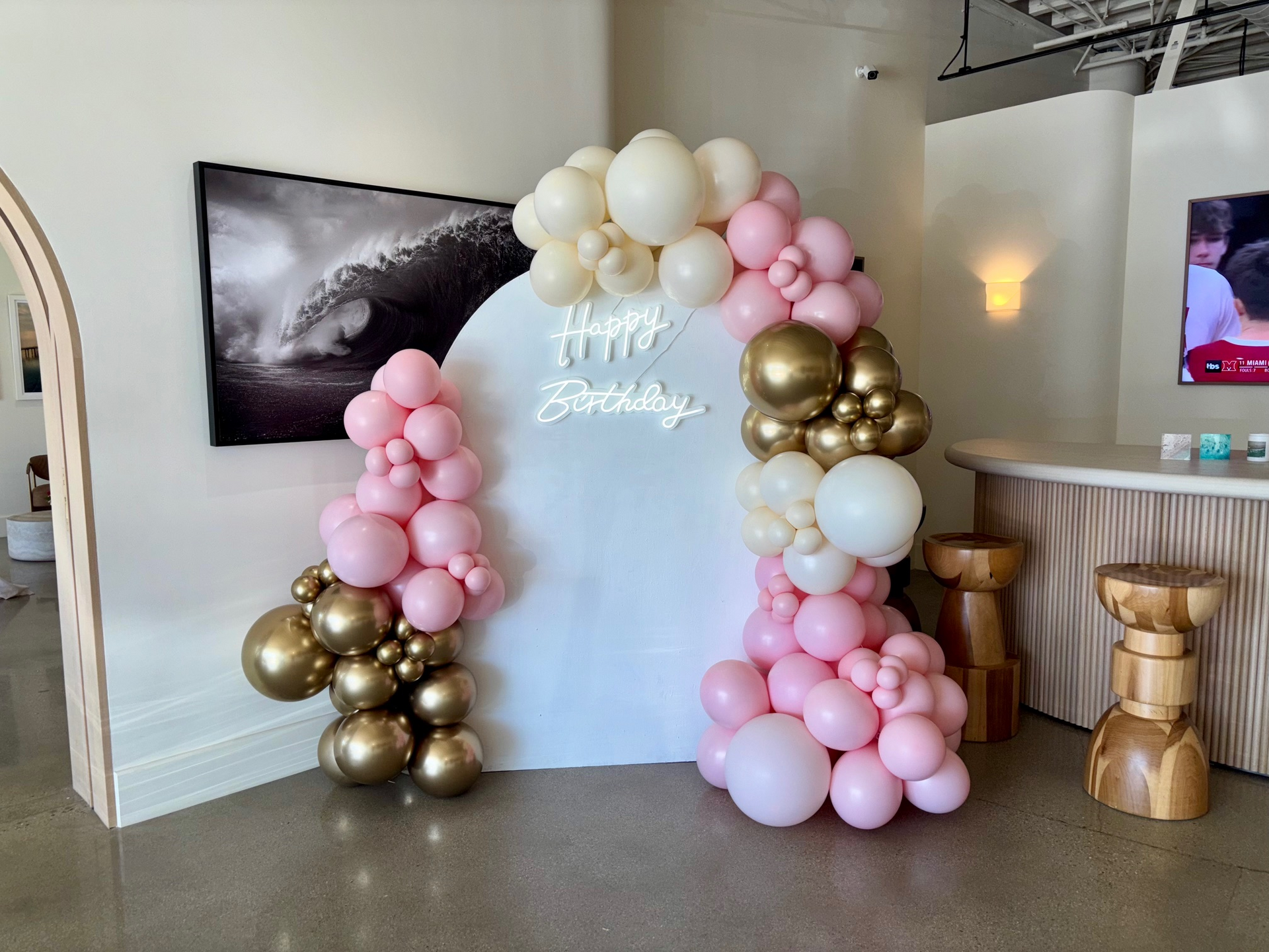 pink gold and cream Organic Garland on backdrop photo wall with Happy Birthday LED sign Manhattan beach, CA Balloon Concierge