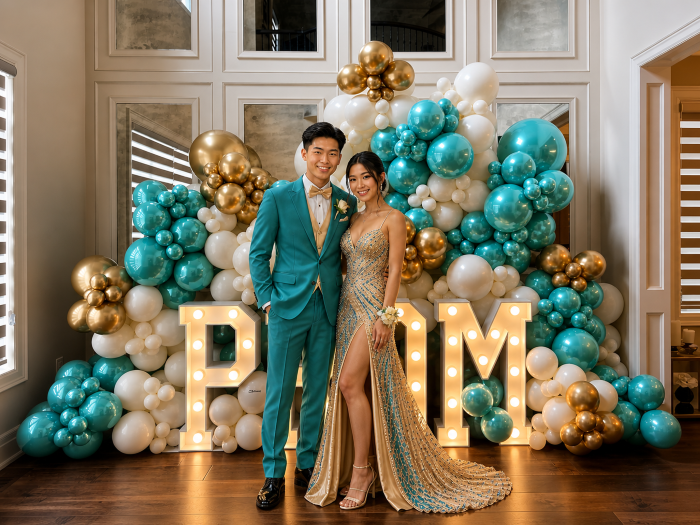 Prom send-off balloon backdrop decoration at Los Angeles home — couple in formal wear posing in front of luxury balloon wall — Balloon Concierge