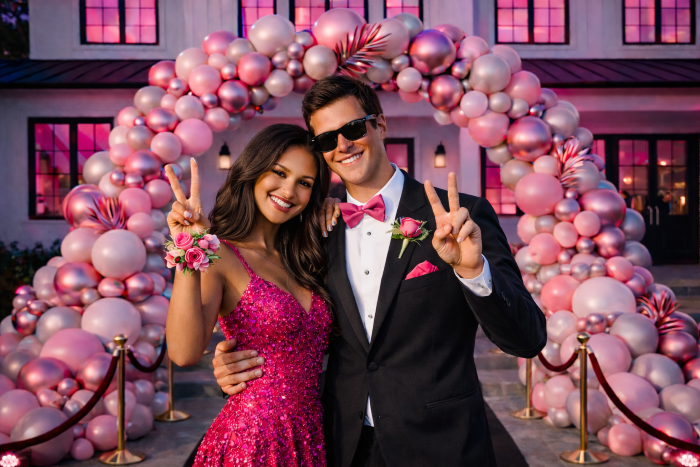 Prom send-off balloon backdrop decoration at Los Angeles home — couple in formal wear posing in front of luxury balloon wall — Balloon Concierge