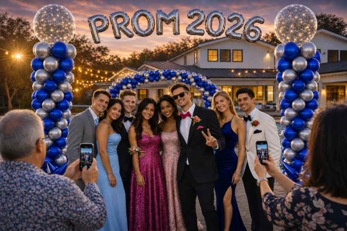 Prom send-off balloon backdrop decoration at Los Angeles home — couple in formal wear posing in front of luxury balloon wall — Balloon Concierge