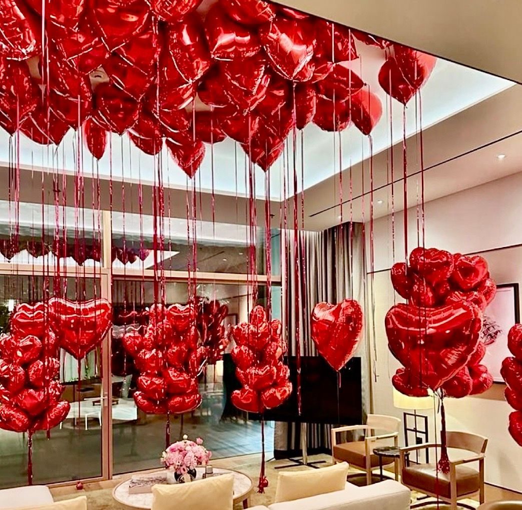 Red Heart Balloons Bouquets for floor and ceiling Valentine's Day delivery Los angeles