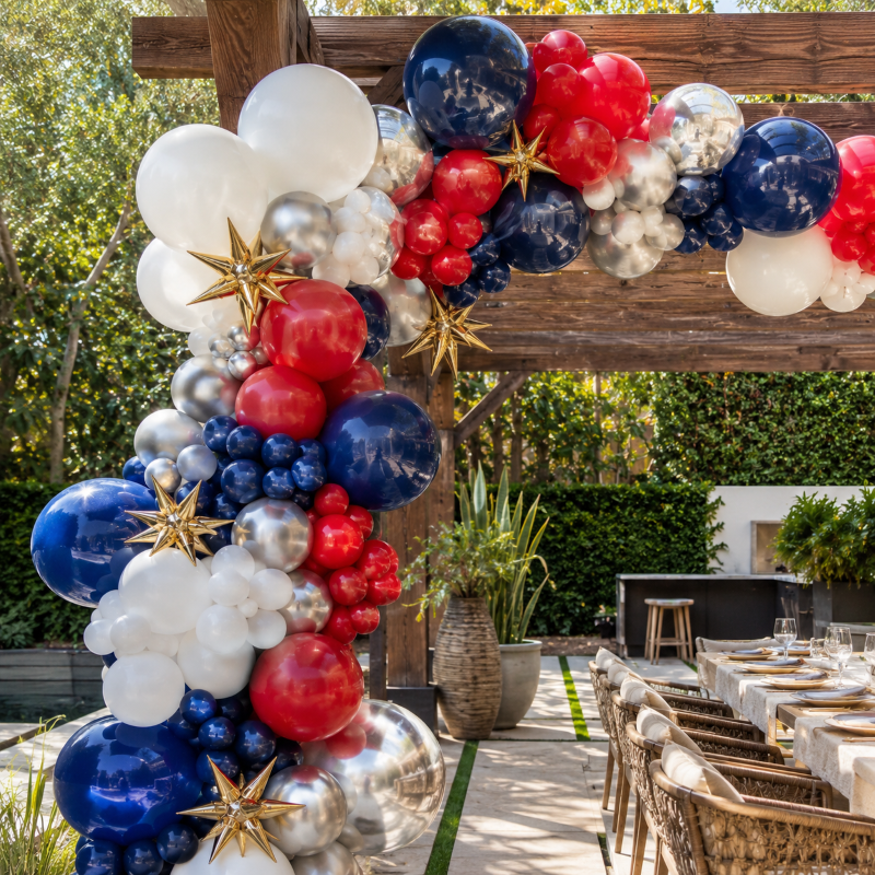 Red white and blue organic balloon garland for 4th of July in Los Angeles — patriotic arch installation