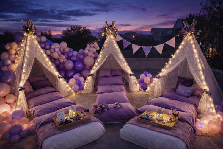Slumber party balloon decorations Los Angeles — purple pink pastel garland and sleepover tent setup — Balloon Concierge
