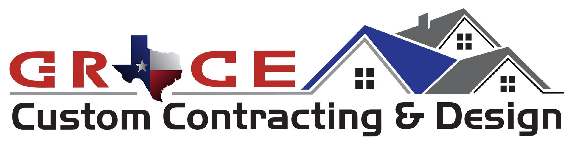 Grace Custom Contracting & Design logo with red text and a blue house roof graphic