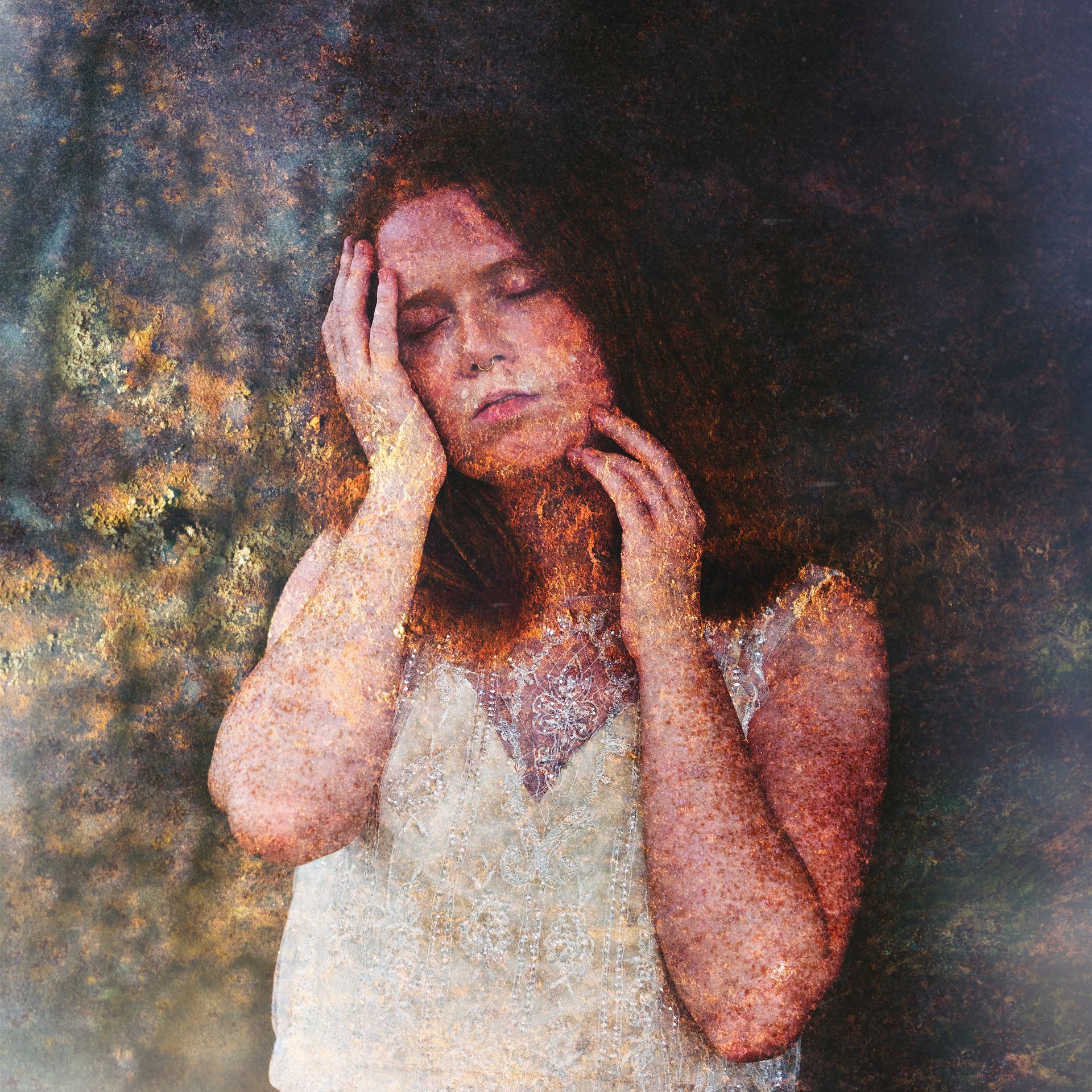 A painting of a woman in a white dress holding her head