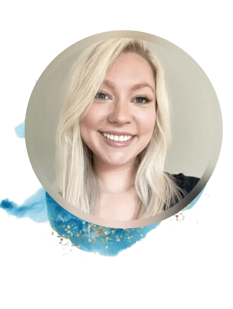 Blonde woman smiles, in a circle with blue watercolor.