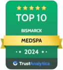 Top 10 Medspa in Bismarck, ND award badge. Green and gold, with TrustAnalytics logo and 5-star rating. 2024.