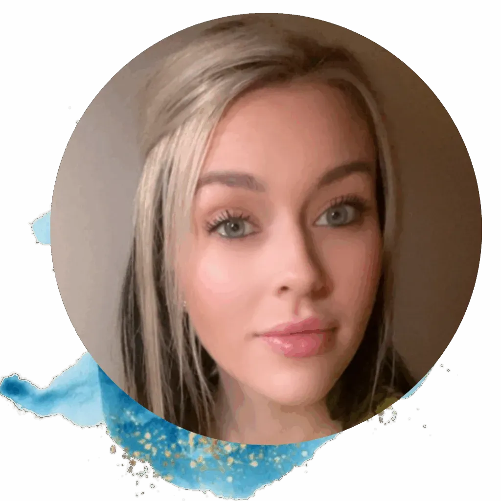 Blonde woman with light eyes in a round, watercolor-style frame, gazing toward the viewer.