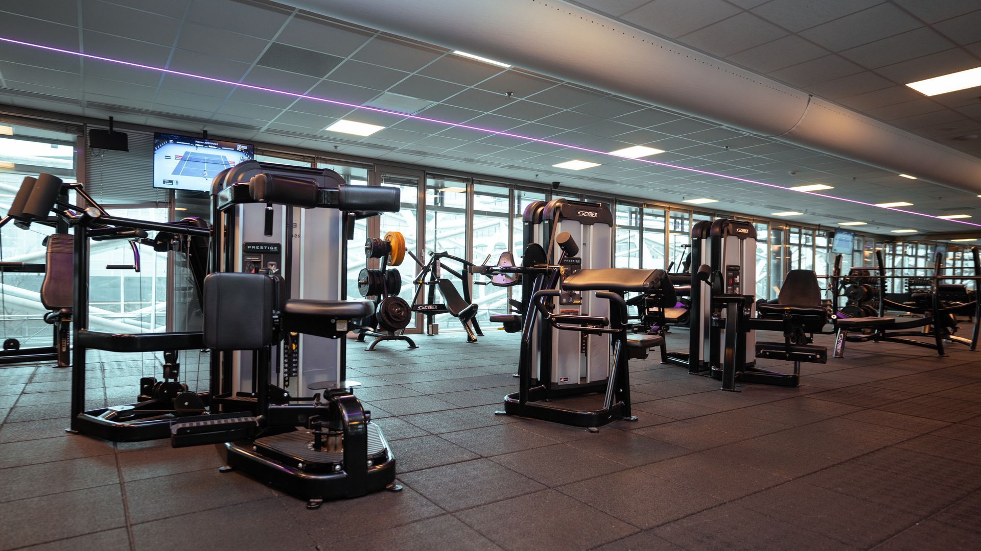 Een groep vrouwen doet squats in een sportschool.