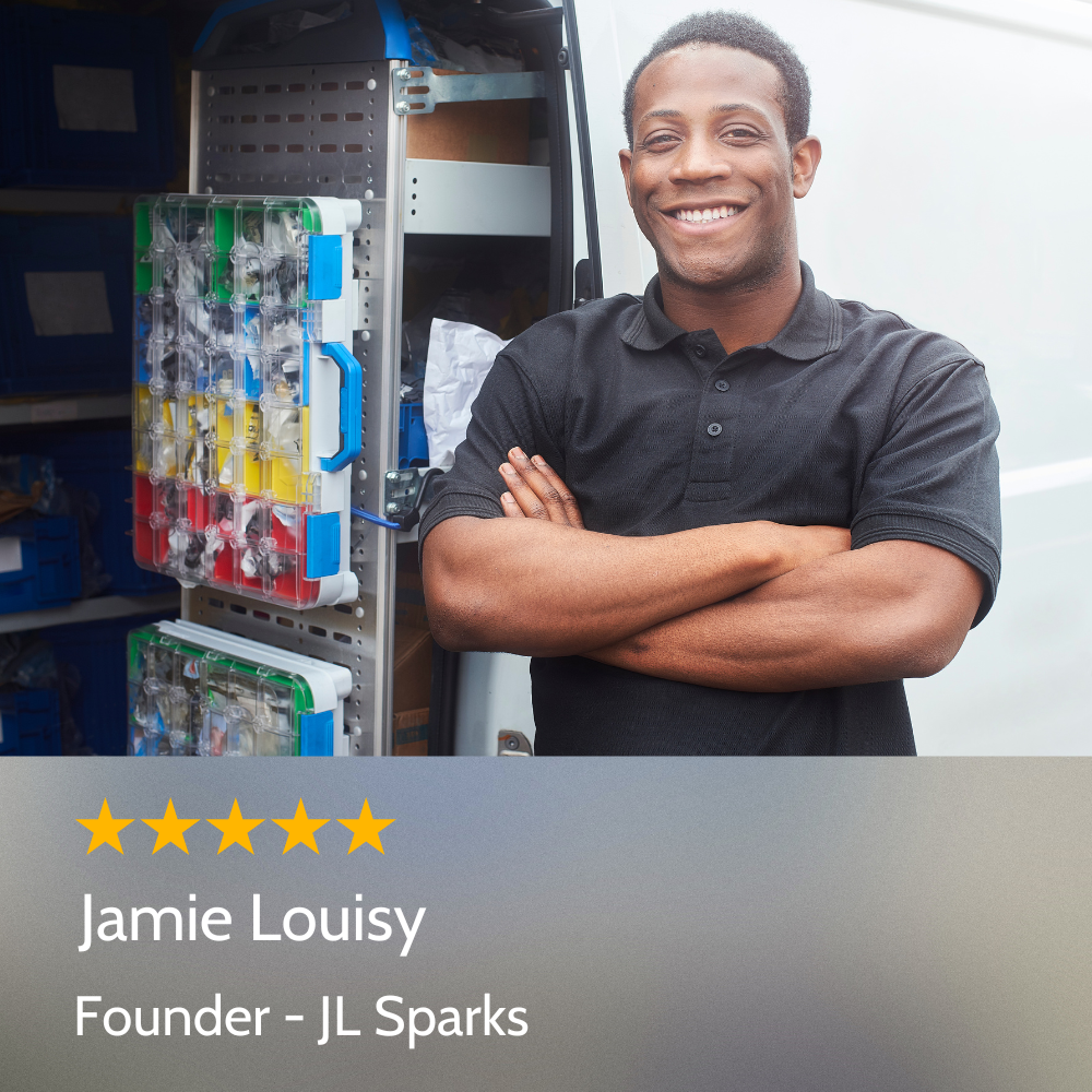 A man standing in front of a van with the name jamie louisy on the bottom