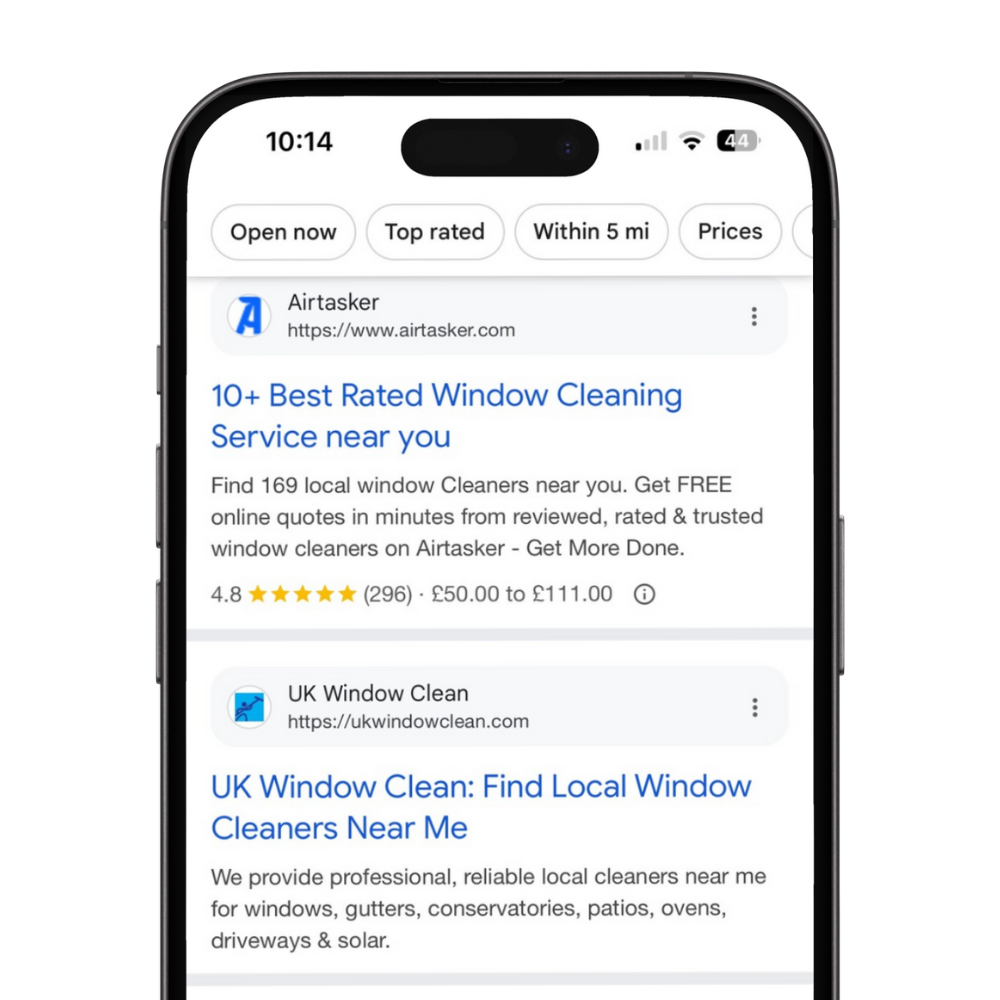 A cell phone displaying a google search for best rated window cleaning service near you.