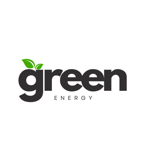 A green energy logo with a green leaf on a white background.