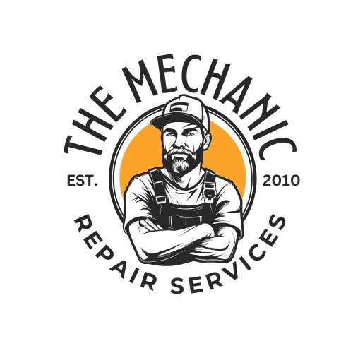 The logo for the mechanic repair services shows a bearded man with his arms crossed.