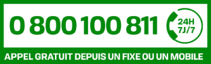 Rectangle vert avec un numéro de téléphone, indiquant les appels gratuits 24h/24 et 7j/7.