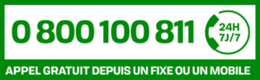 Rectangle vert avec un numéro de téléphone, indiquant les appels gratuits 24h/24 et 7j/7.