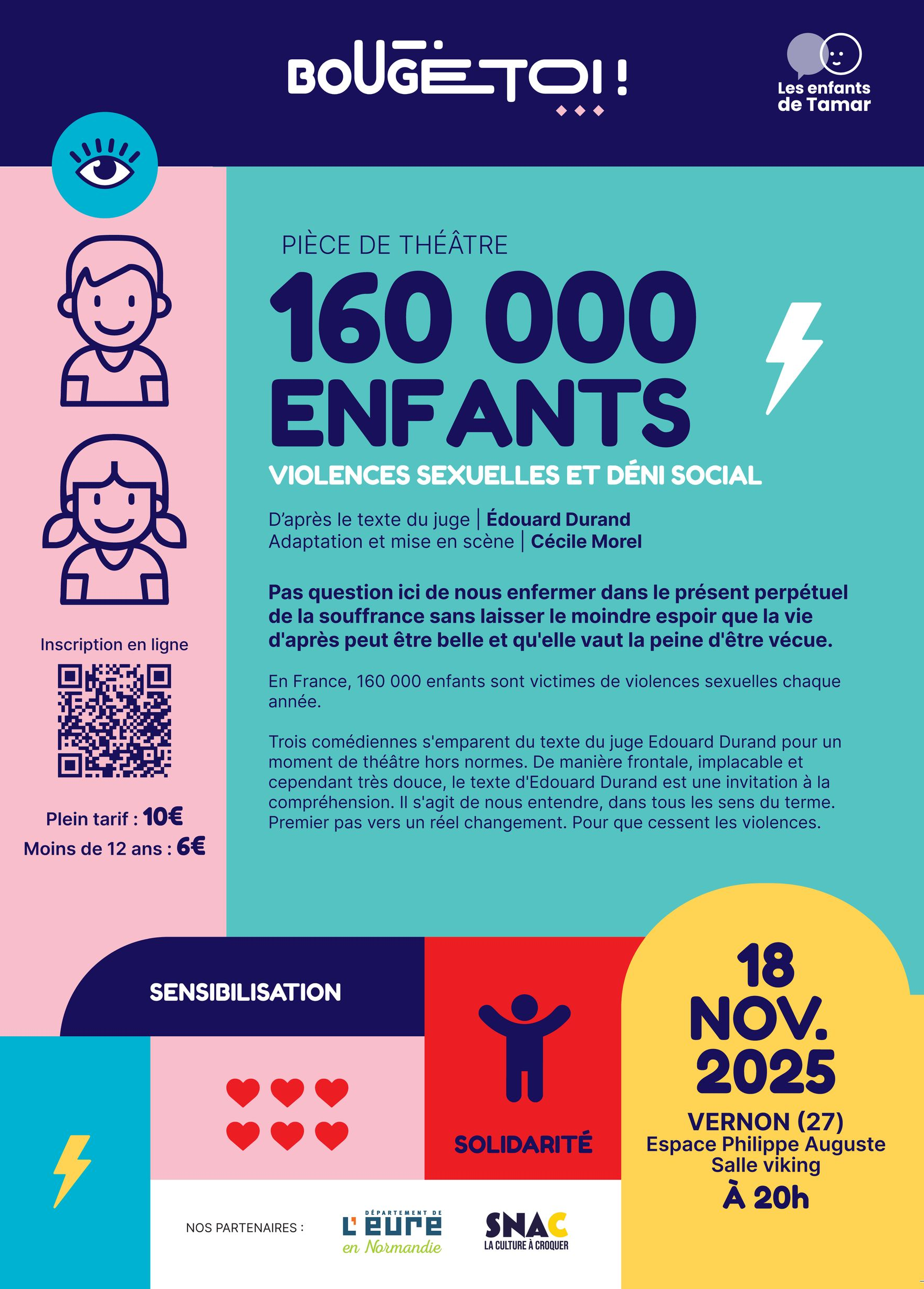Affiche : Campagne « Bougetoi ! », sensibilisation à la maltraitance des enfants. Présente des enfants, des statistiques et des détails sur l'événement. Couleurs : bleu, rose et blanc.
