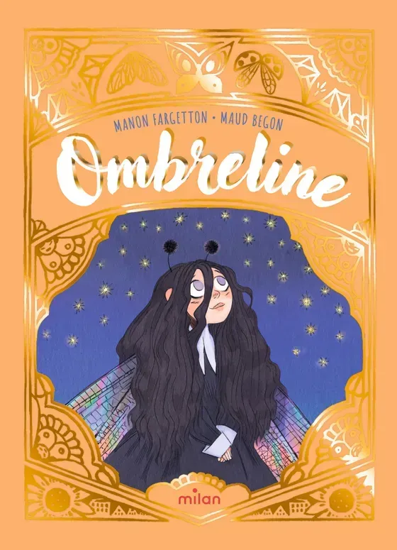 Couverture de livre représentant un personnage aux longs cheveux noirs, aux antennes et aux ailes irisées, sur fond de ciel bleu étoilé.