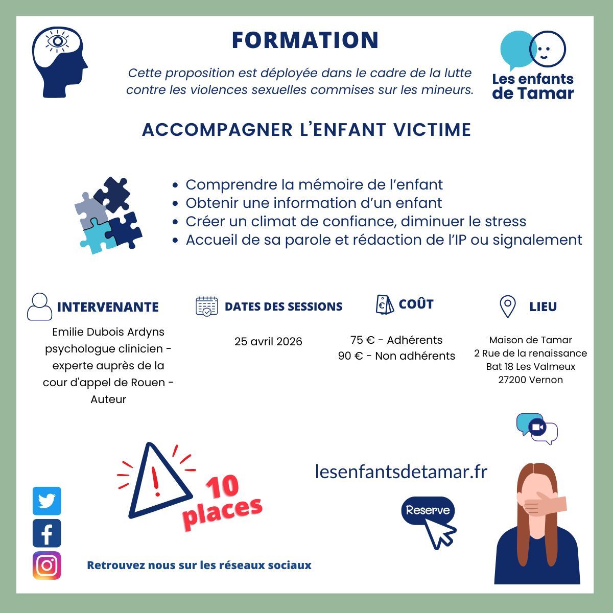 Dépliant pour une séance de formation sur l'accompagnement des enfants victimes de violences sexuelles, avec des détails comme le lieu, le coût et l'intervenant.