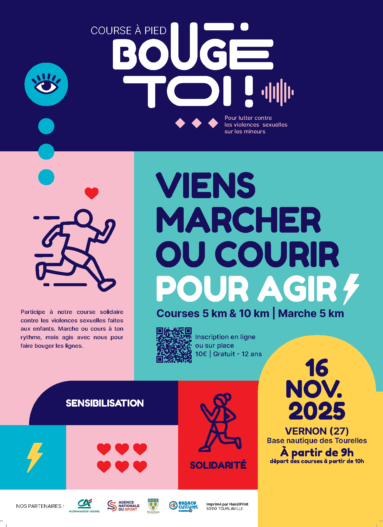 Affiche : Événement « Bouge-toi ! » pour marcher ou courir. 16 novembre 2025. Couleurs : bleu, rose, turquoise, rouge et jaune.