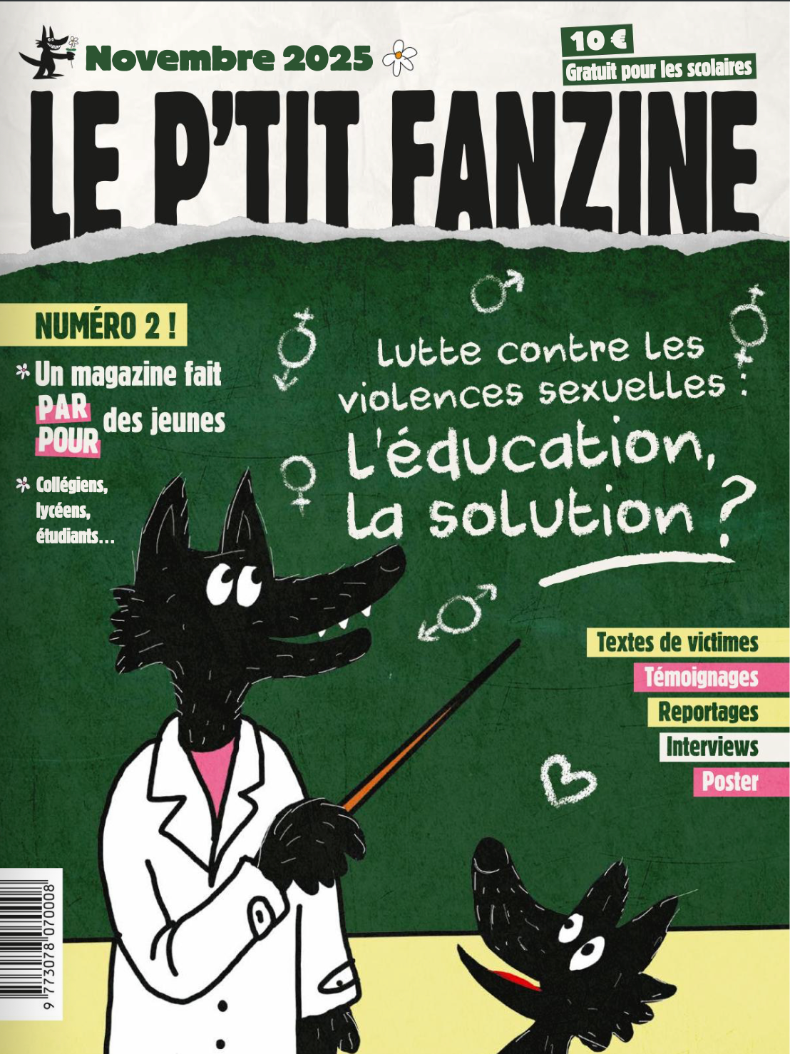Couverture du fanzine Le P'tit, novembre 2025, représentant un professeur et un élève loups de dessin animé devant un tableau noir.
