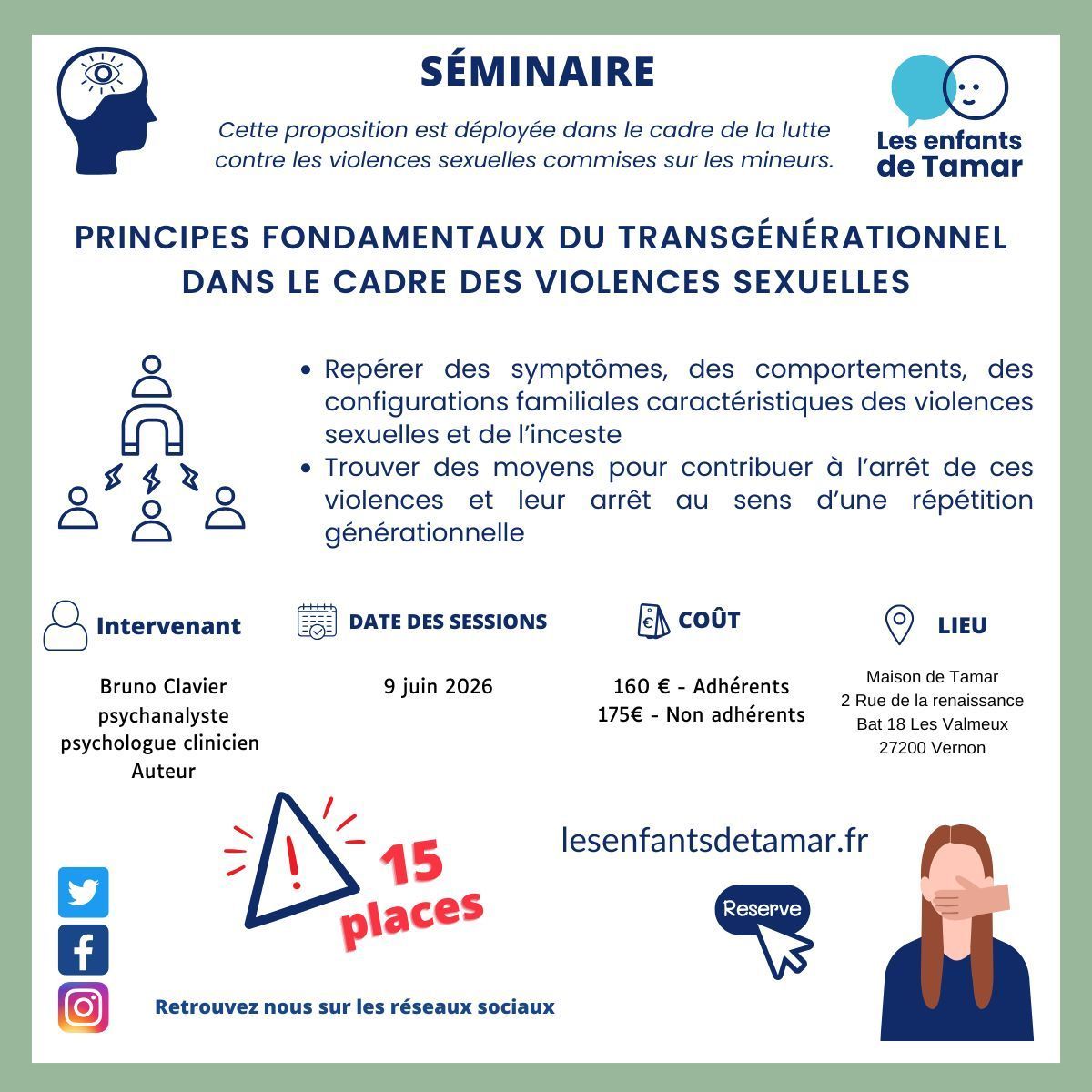 Dépliant pour une séance de formation sur l'accompagnement des enfants victimes de violences sexuelles, avec des détails comme le lieu, le coût et l'intervenant.