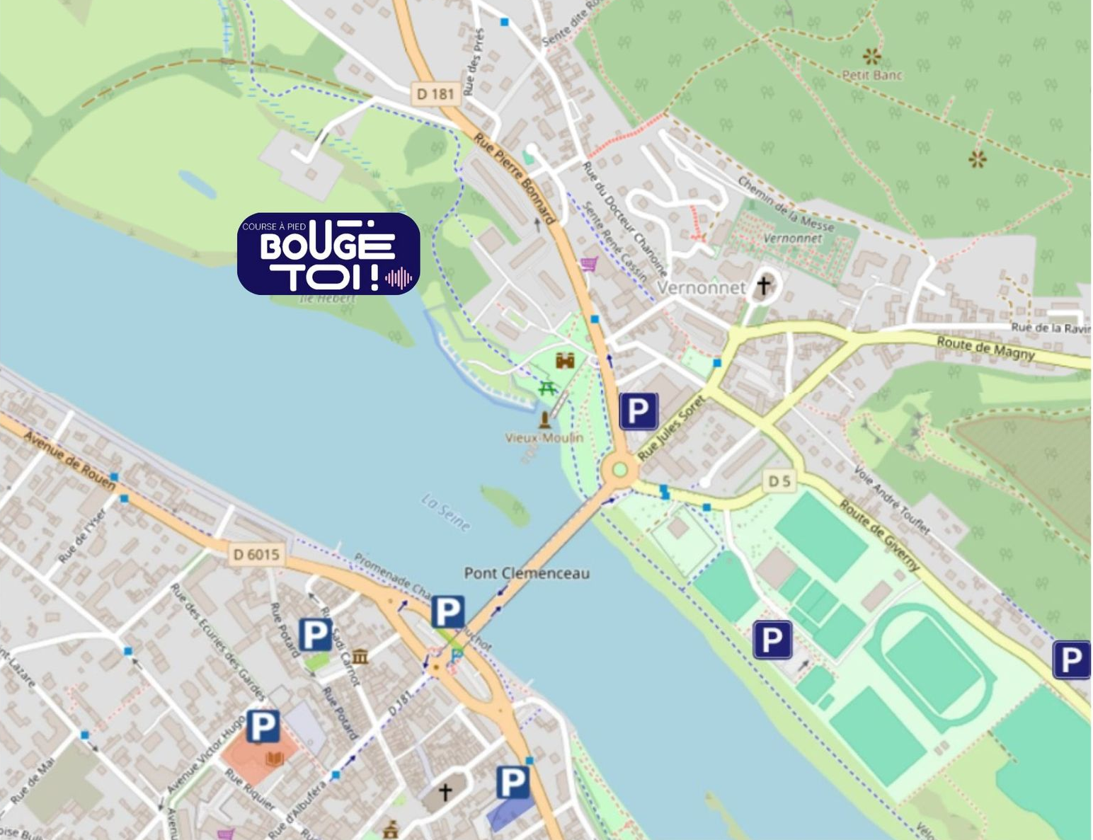 Plan d'une ville avec rivière, routes et panneaux de stationnement. Graphique « Bouge toi ».